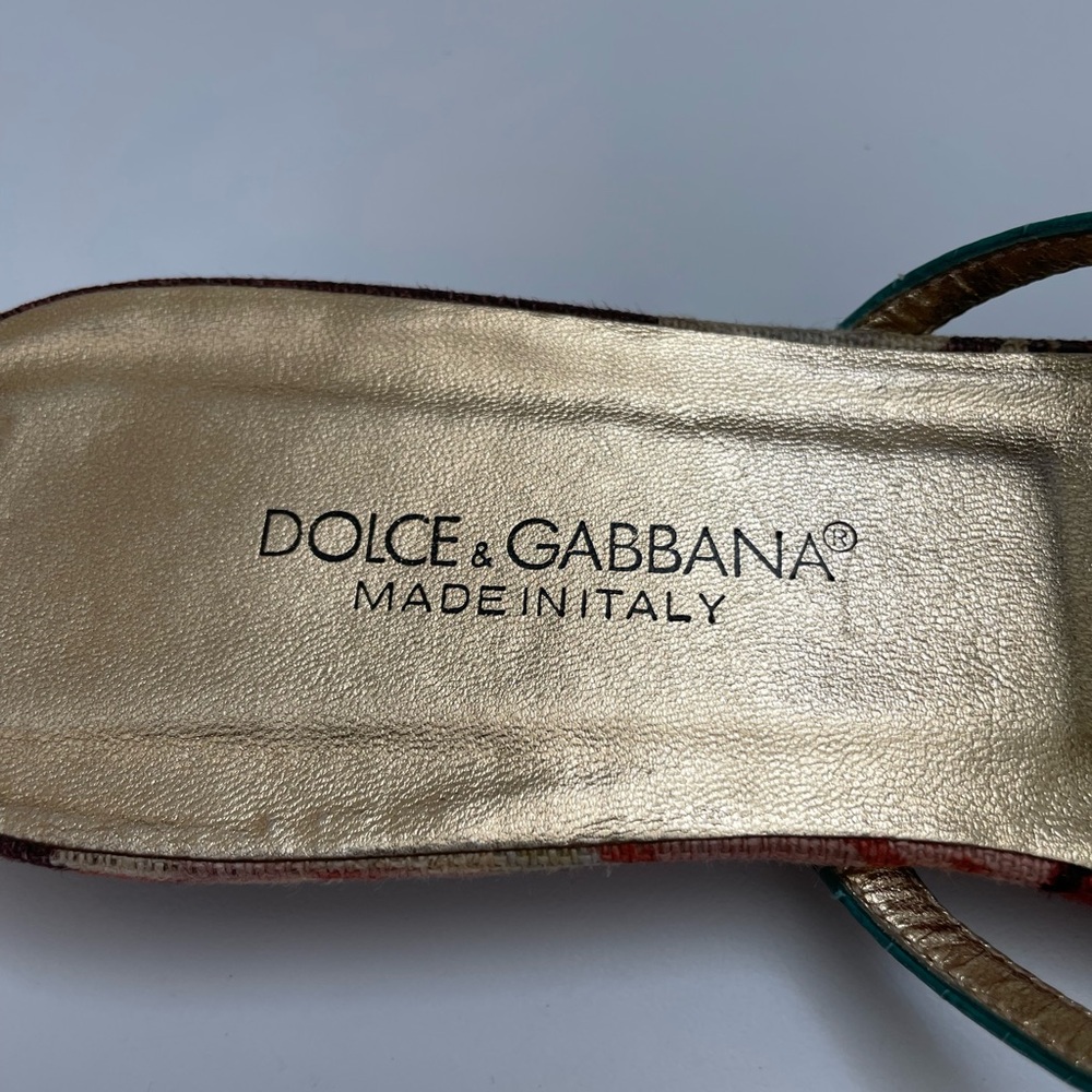 Dolce & Gabbana Turquoise Snake-Embossed Leather & Floral Canvas Flats Size 7.5 - Picture 4 of 9